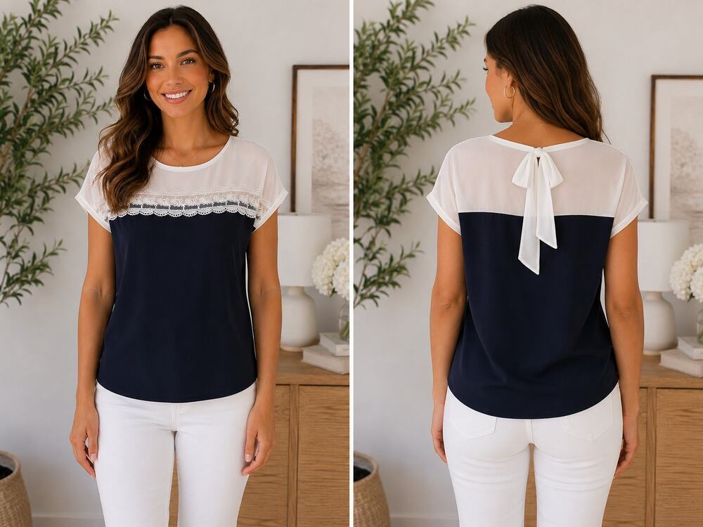Faith and Joy Navy White Lace Colorblock Blouse Top Size Medium